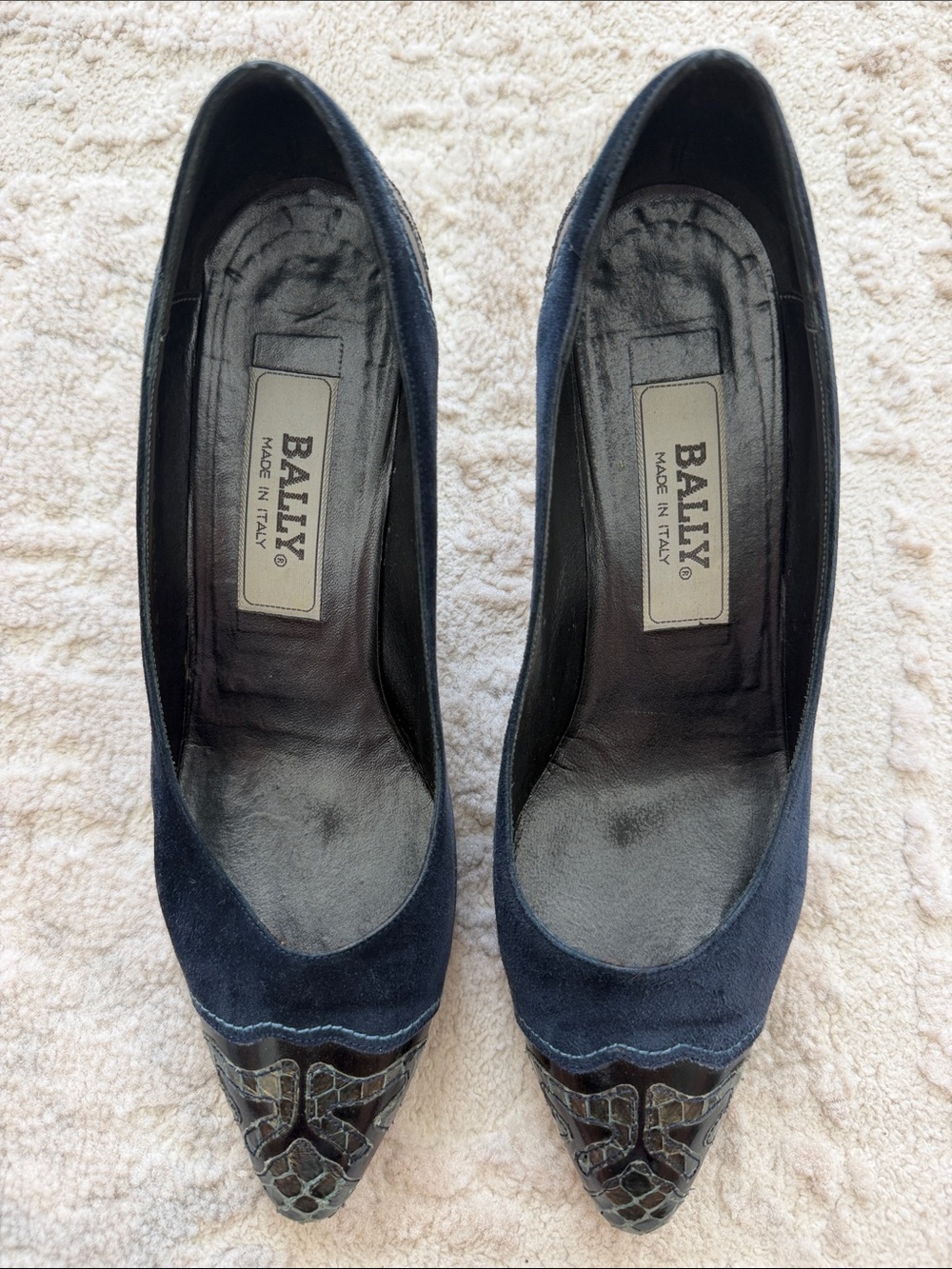 Bally Navy Suede Pointed Toe Pumps with Textured Patent Cap